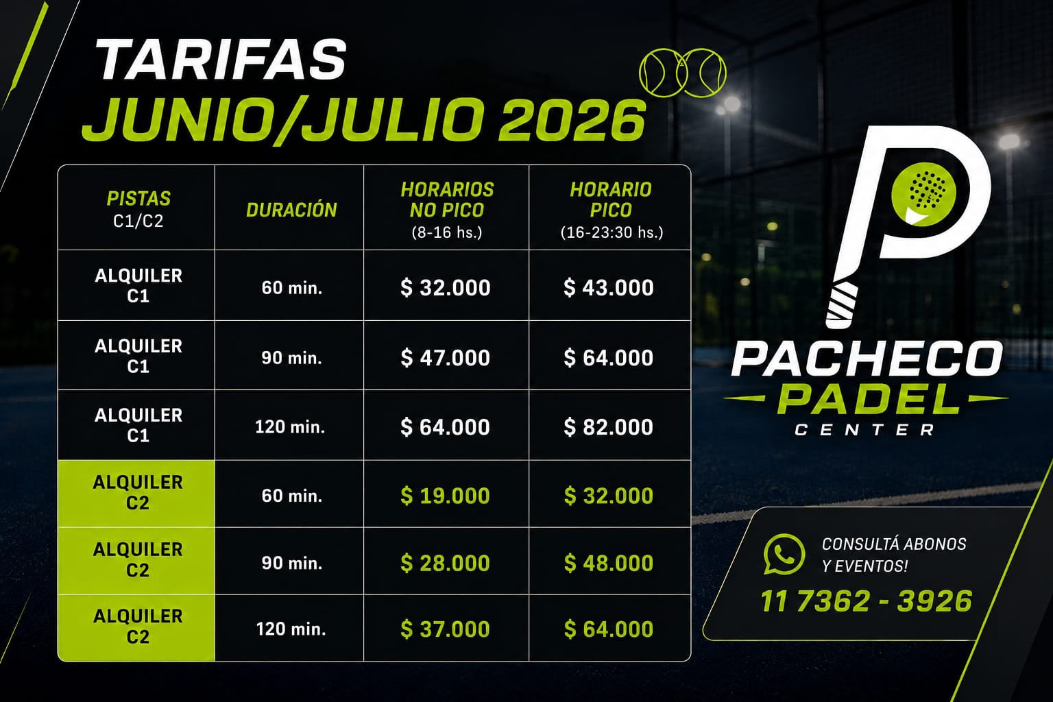 Tarifas Pacheco Padel Center